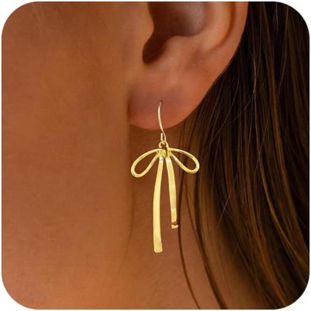 Christmas Gold Bow Earrings – 14K Gold Plated Dangle Statement Jewelry for Women